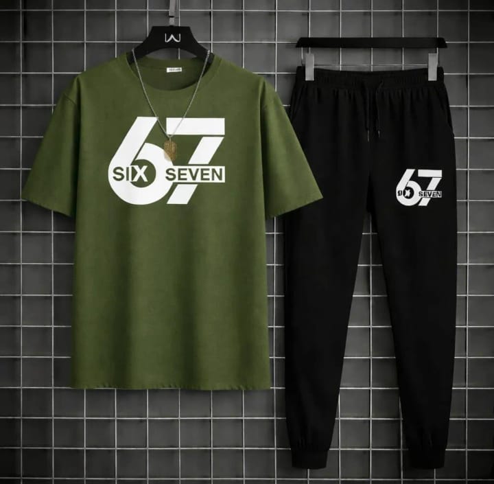 Men Printed 2Pcs Track suit Green and Black