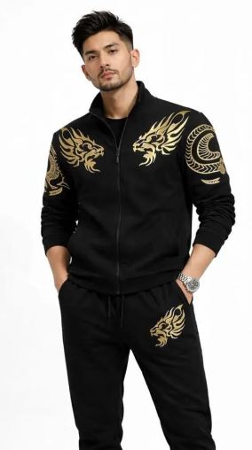 Men black fleece Track suit with golden Dragon print