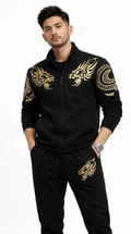 Men black fleece Track suit with golden Dragon print