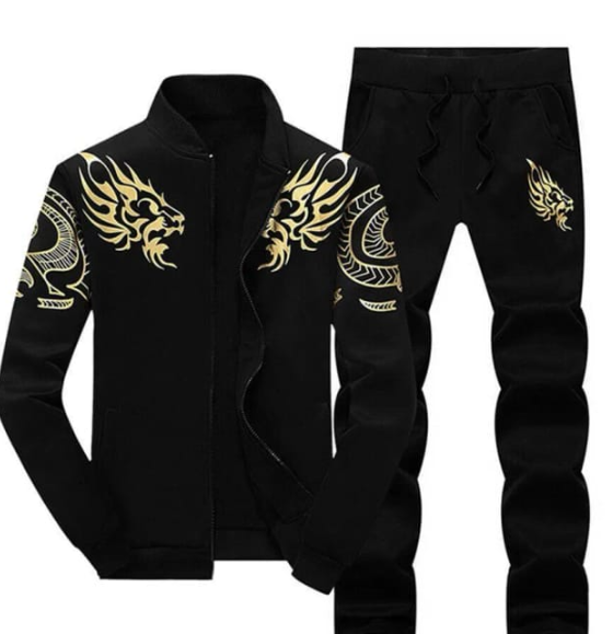 Men black fleece Track suit with golden Dragon print